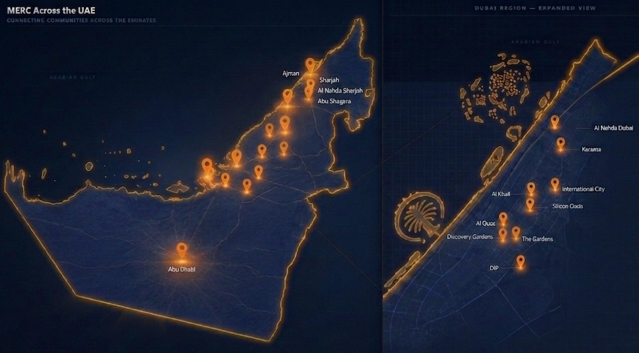 MERC Cell Group locations across the UAE — Dubai, Sharjah, Ajman, Dhaid, Abu Dhabi